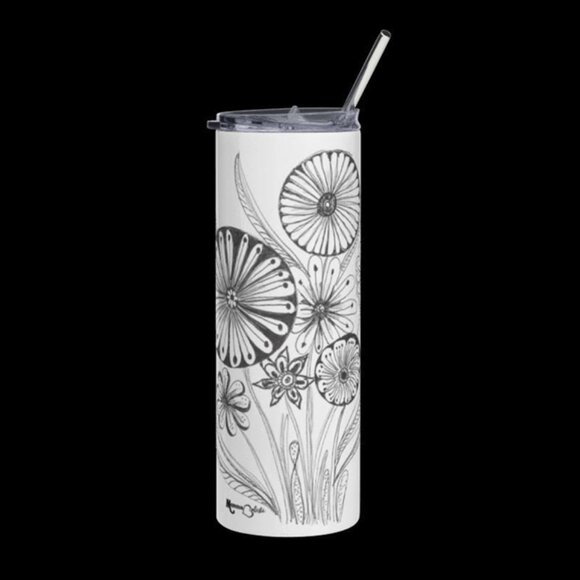 BW Round Flower Tumbler by Momma Balisti - 20oz Stainless Steel Tumbler - Picture 1 of 4